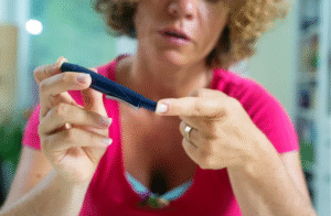 mujer checando su glucosa