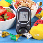 platos con comida saludable, glucometro, mancuerna y cinta metrica